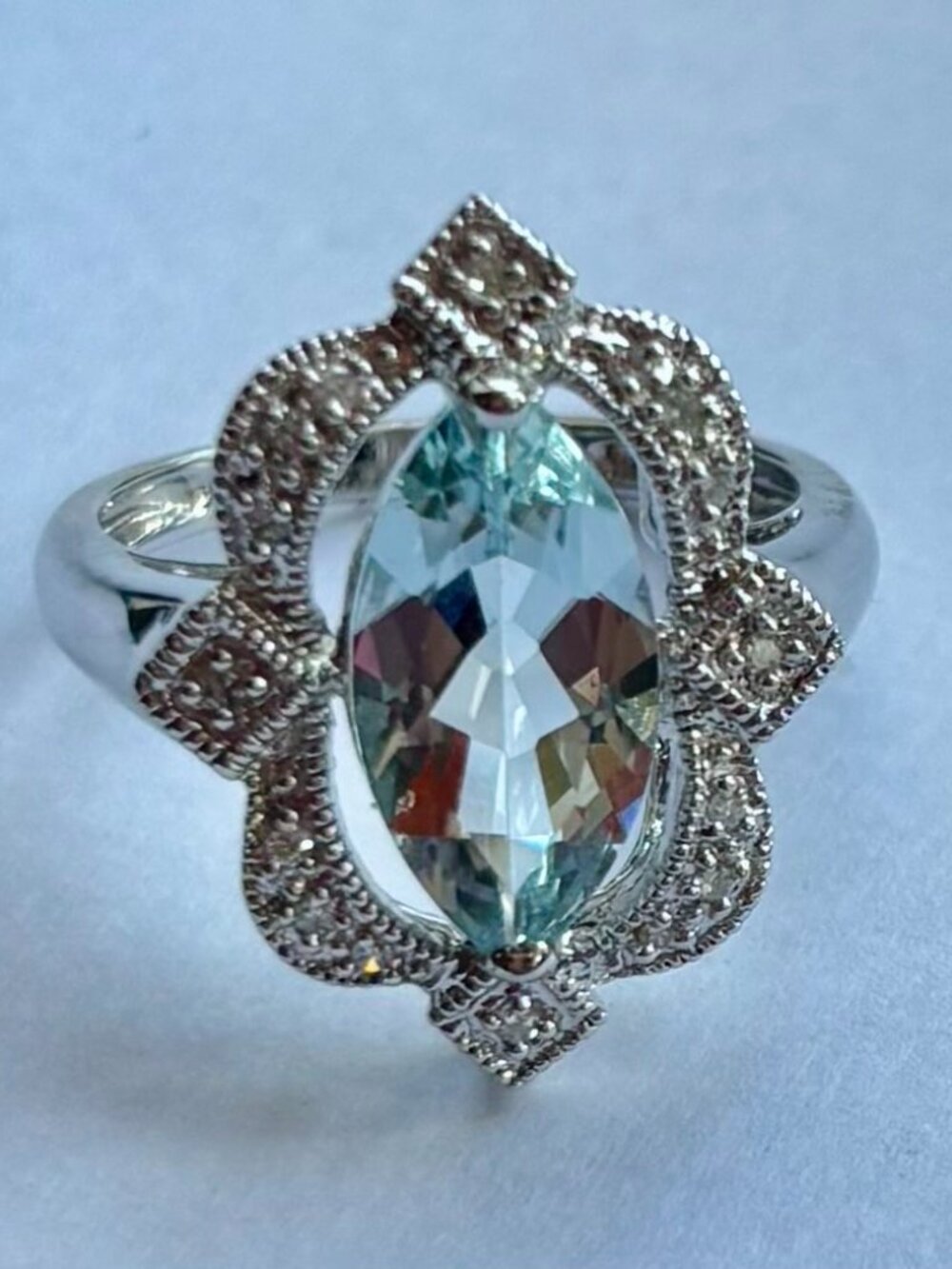 Aquamarine and Diamond Lady's Ring in14k White Gold